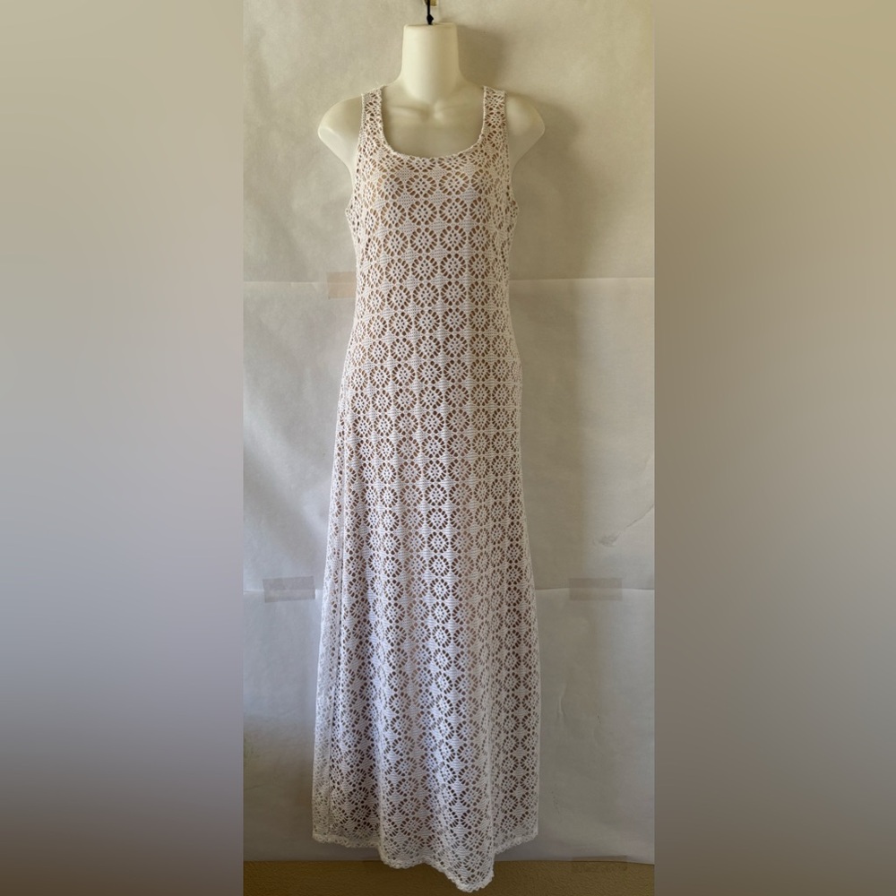 Dressbarn Crochet Lace Overlay Maxi Dress Sz 10 White A-Line Boho Coastal Beach